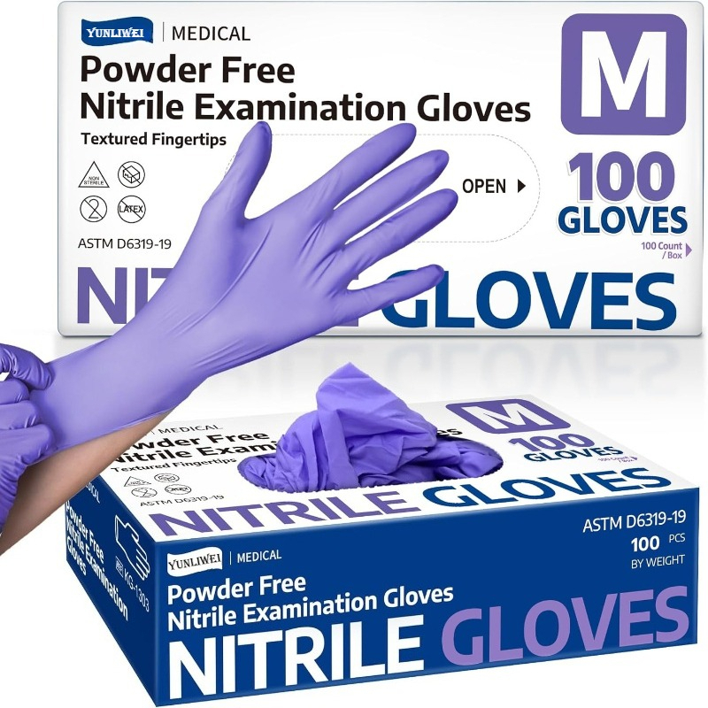 Exam Glove Nitrile - ถุงมือแบบใช้แล้วทิ้ง ถุงมือตรวจโรคไนไตรล์สีม่วง 100 ชิ้น ปราศจากแป้ง ปราศจากน้ำยาง
