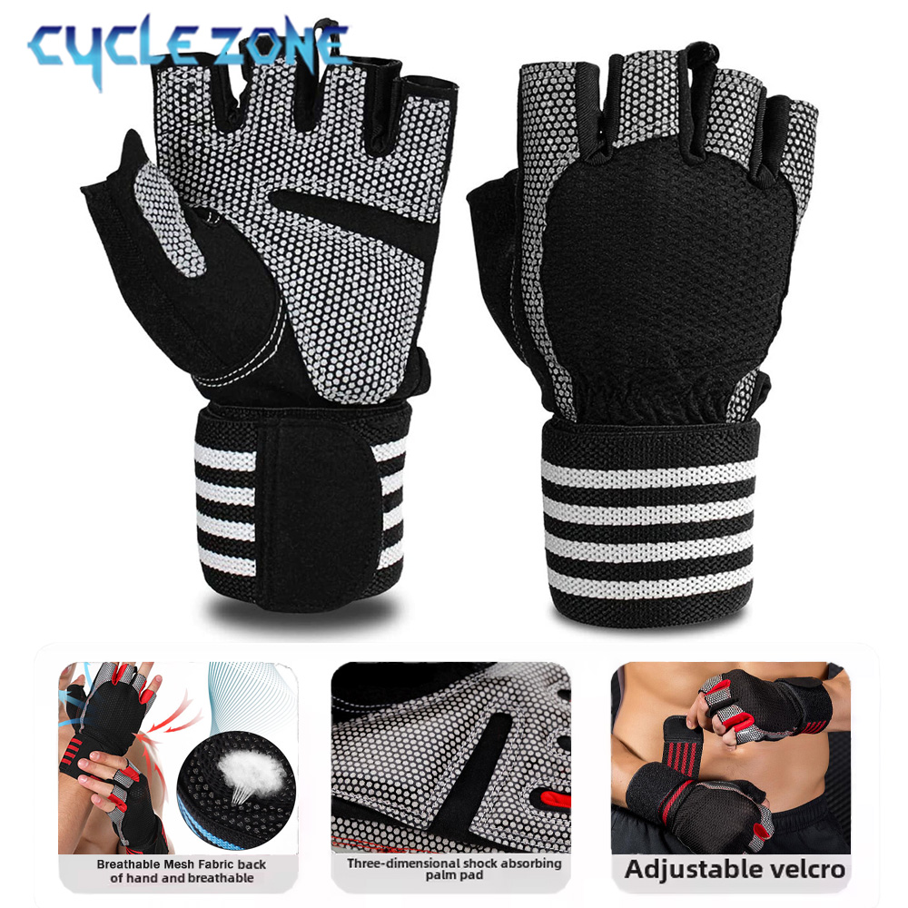 Workout Glove Gym - ถุงมือฟิตเนสแบบครึ่งนิ้ว 1 คู่ พร้อมสายรัดข้อมือสำหรับผู้ชายและผู้หญิง อุปกรณ์ออกกำลังกายครอสฟิตและยกน้ำหนัก